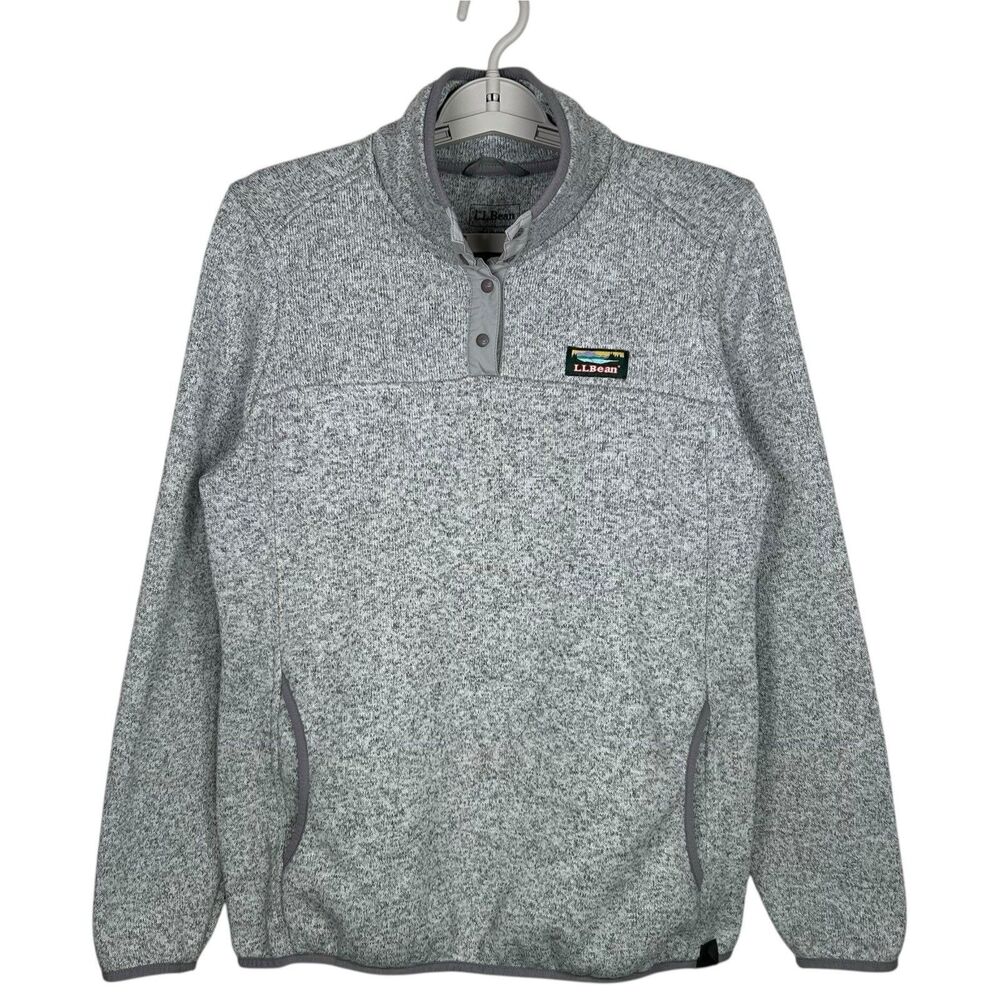 LL Bean Fleece Pullover Womens Medium Gray Sweater Knit 1/4 Snap Button Hiking